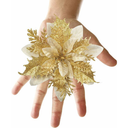 12 pcs Glitter Christmas Flowers (15Cm) With 12 pcs Artificial Poinsettia For Christmas Tree（Gold） - Image 4