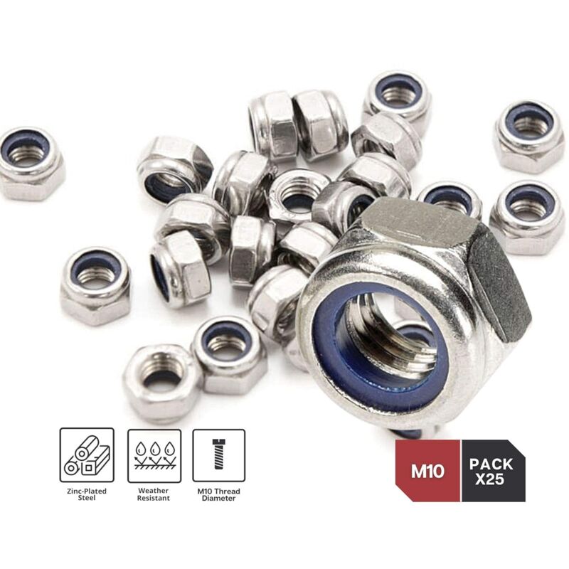 Zinc Steel Lock Nut M10 Pack 25 Hexagonal Locking Lock Nuts Ideal For Carpentry, Construction, Plumbing, Among Other - Image 3