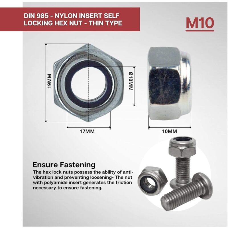 Zinc Steel Lock Nut M10 Pack 25 Hexagonal Locking Lock Nuts Ideal For Carpentry, Construction, Plumbing, Among Other - Image 4