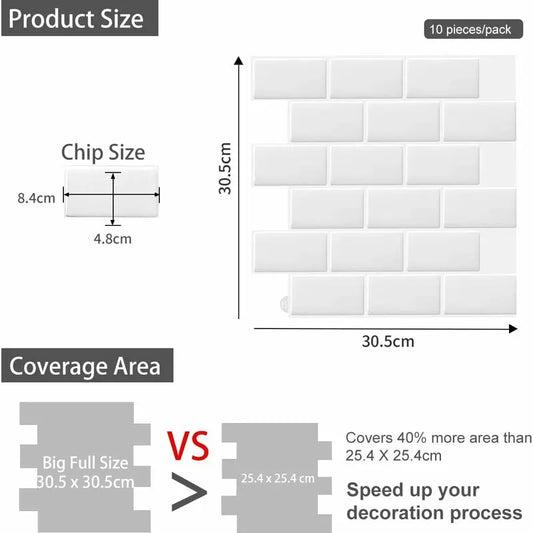 10 pcs White 3D Wall Tile Sticker Kitchen Bathroom (30.5X 30.5Cm) - Image 4