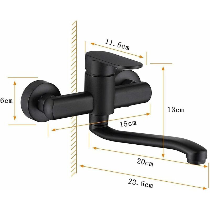 Single Handle Kitchen Faucet Wall Mounted High Quality Brass Body Black Projection 200Mm（G1/2） - Image 3