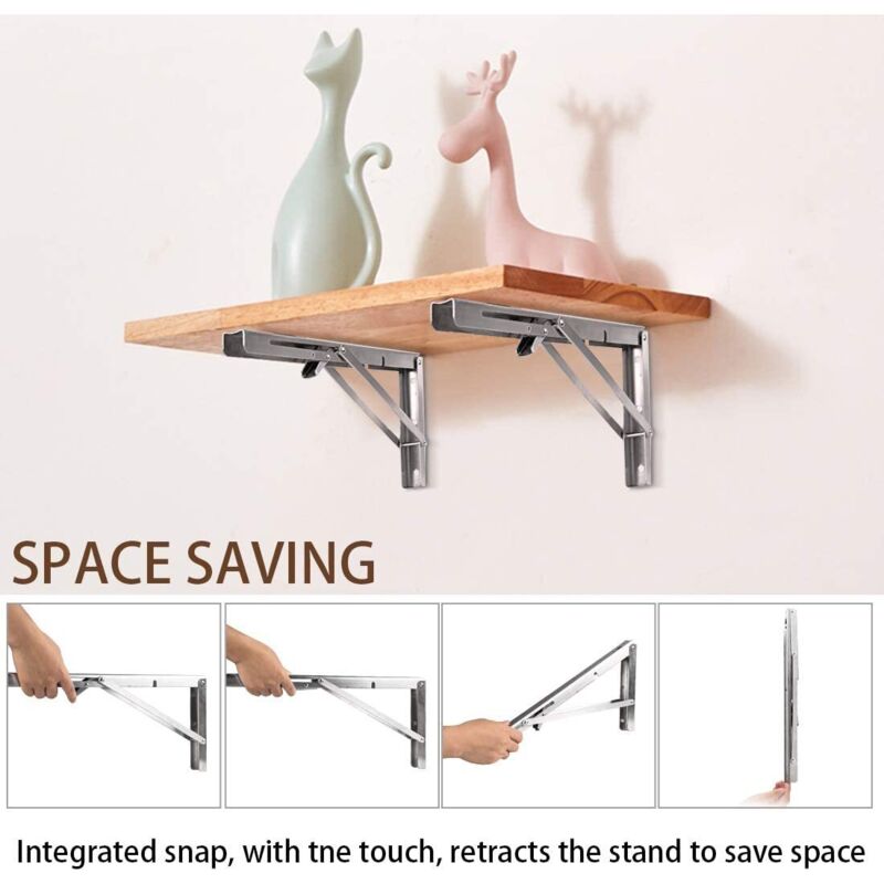 250Mm Folding Wall Shelf, 2 pcs Stainless Steel Folding Bracket, Garage Shelf Support Frame, Heavy Duty Bracket For - Image 3
