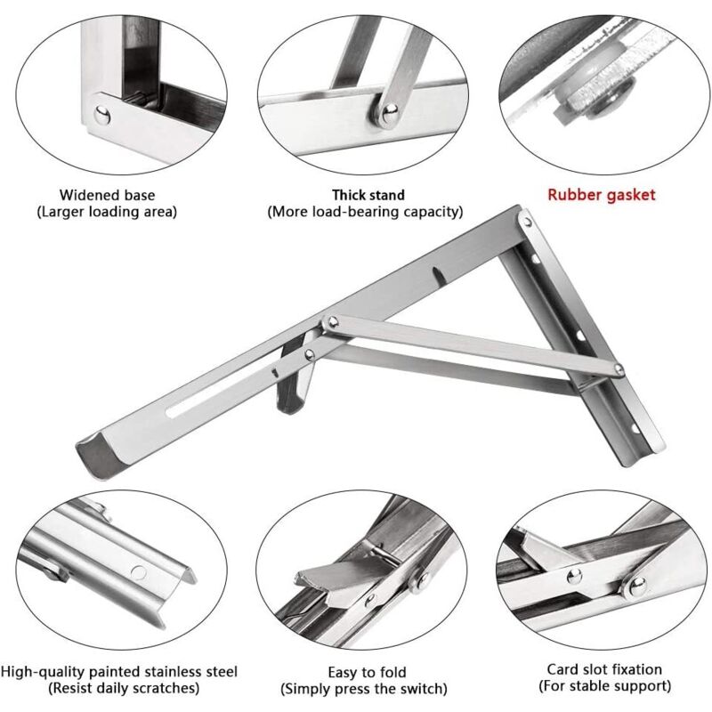 250Mm Folding Wall Shelf, 2 pcs Stainless Steel Folding Bracket, Garage Shelf Support Frame, Heavy Duty Bracket For - Image 4