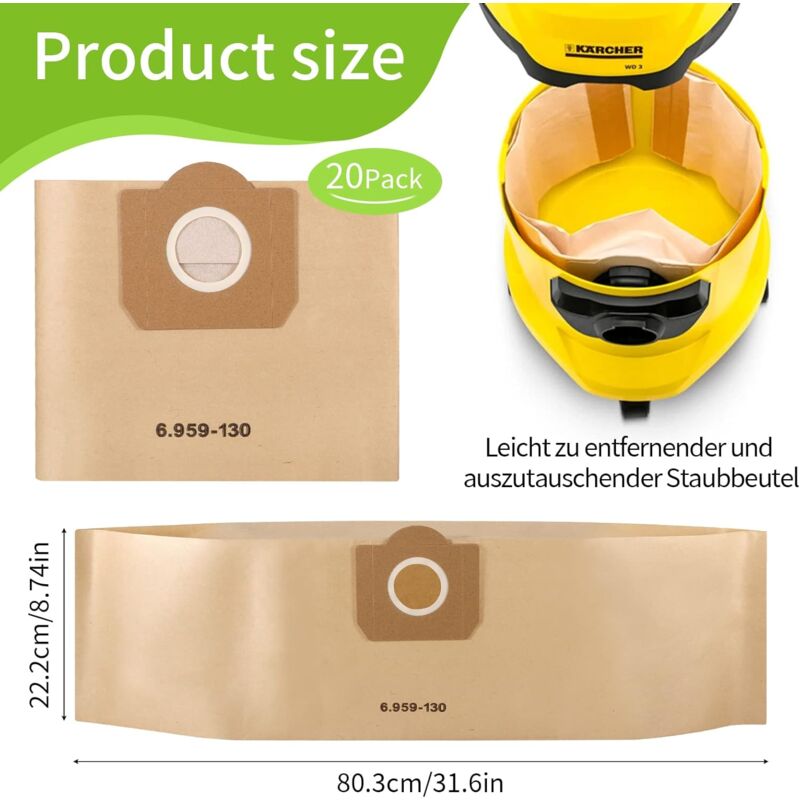 Vacuum Cleaner Bags, 20 Pack Upright Vacuum Cleaner Bags, Paper Filter Bags, For Karcher 6.959-130.0 - Image 2