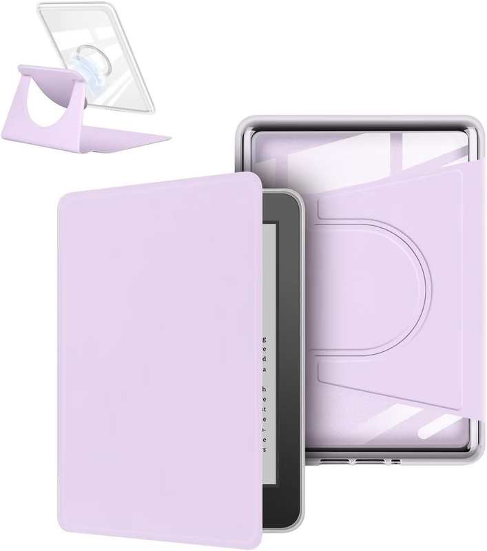 360° Rotating & Detachable Magnetic Case for 7" Kindle Paperwhite 12th Generation (2024)  – Auto Wake/Sleep, Hands-Free Stand, Clear Back Cover (Light purple)