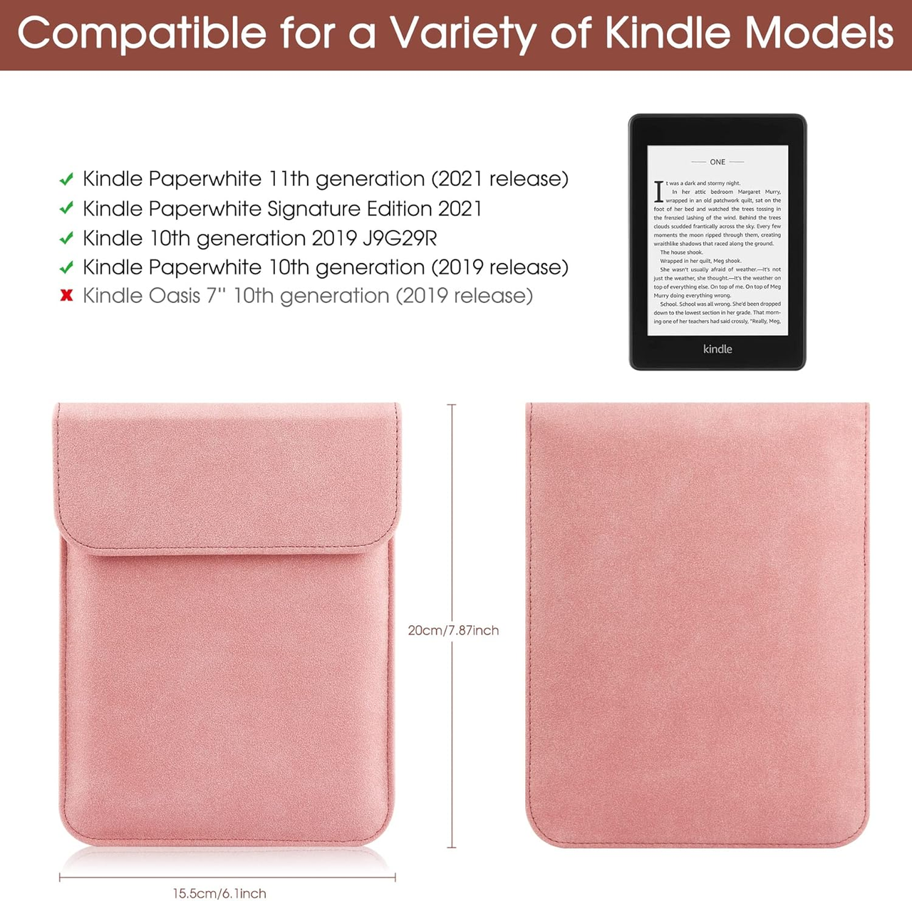 Universal Sleeve Case for 6"，6.8", Kindle Paperwhite/Colorsoft/Signature Edition 2024-2012 Sleeve Bag Pouch Cover for 6-6.8'' Kobo/Tolino/Pocketbook 6-inch ebook Reader,Pink - Image 2