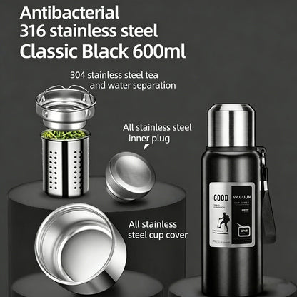Antibacterial 316 Stainless Steel Vacuum Flask 600ml | Tea Infuser & Insulated Bottle for Hot/Cold Drinks (Black)