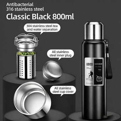 Antibacterial 316 Stainless Steel Vacuum Flask 800ml | Tea Infuser & Insulated Bottle for Hot/Cold Drinks (Black)