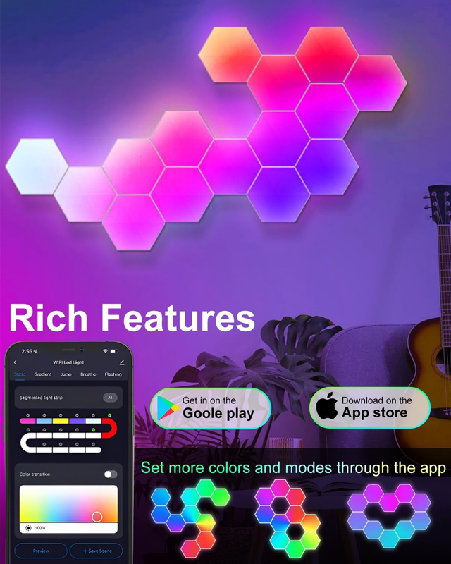 8 Pack Hexagon LED Wall Lights, Smart RGB Honeycomb Lights with APP & Voice Control, Music Sync Modular LED Panels for Gaming Room, Bedroom & Home Theater Decor - Image 2