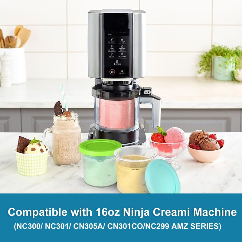 Creami Pints and Lids for Ninja,4 pack Creamy Icecream Containers Cups Jars Tubs Canisters Set,Smoothie Pot Compatible with NC299AMZ & NC300s Series Creamer Ice Cream Maker Machine - Image 2