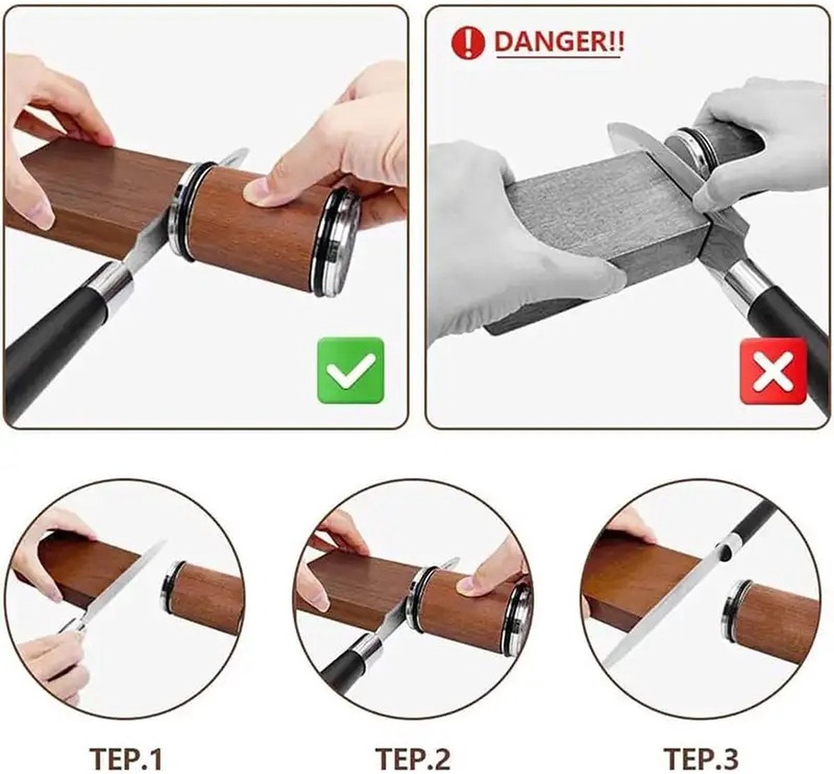 BoerCom® Rolling Knife Sharpener, Knife Sharpener, Diamond Disc, Kitchen Knife Sharpening System, 15° and 20° Sharpening Angles, Wood Color - Image 6