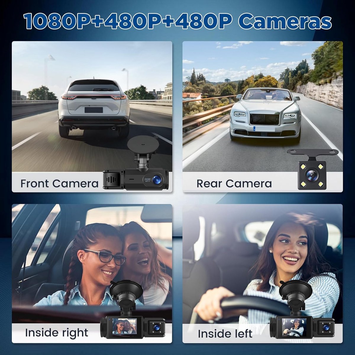 WiFi Car Dash Cam – 3-Channel Wireless Camera with App, Front, Interior, and Rear Cameras, Full HD 1080p, 2-inch IPS Screen, Night Vision, Motion Detection, Loop Recording, 64GB Memory Card Included - Image 4