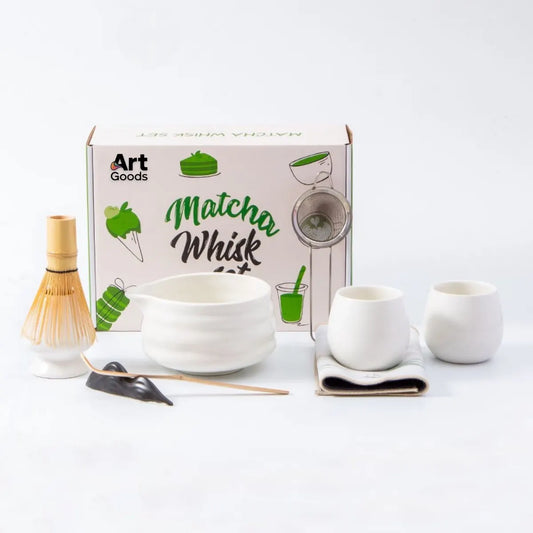 Art Goods Matcha Set 9-Piece – Complete Japanese Tea Set – White Matcha Bowl with Spout, Whisk, Cups & Accessories – Gift for Women