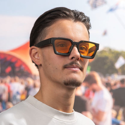 Square sunglasses - Women's sunglasses - Festival sunglasses - Rave sunglasses - Glasses - Thick frame - Black with orange lenses - Image 3