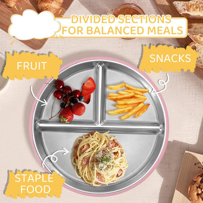 5-Piece Set - Children's Plate - Baby Plate in Stainless Steel - BPA-Free - Non-Slip - Unbreakable - Removable - Suitable for Children 1-3 Years Old - Includes Plate, Bowl, Cup, Fork, Spoon - Grass Green - Image 3