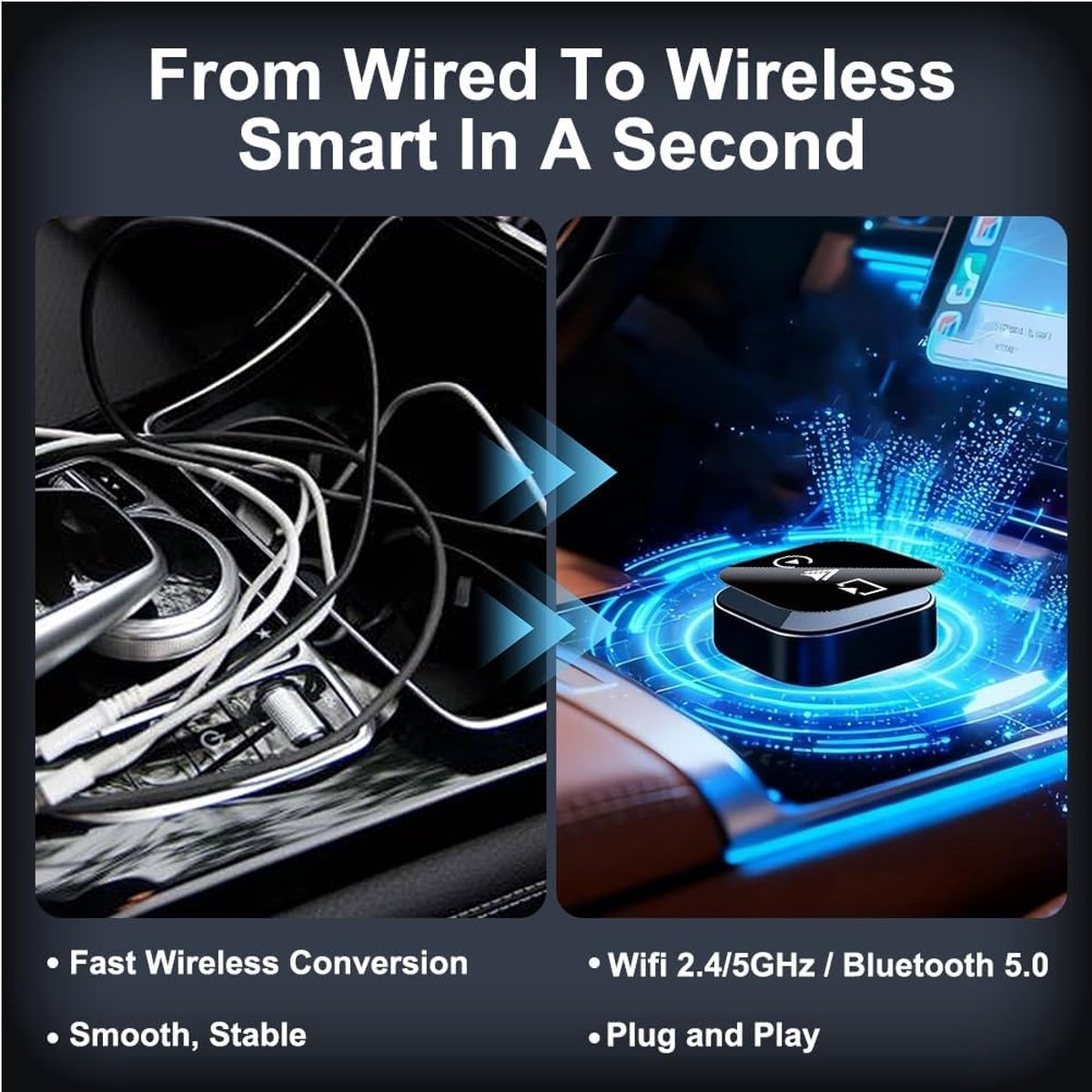 3-in-1 Wireless CarPlay Mirror Link Adapter (version 2026) compatible with iPhone/Apple/Android: automatic connection to your car's screen, dual Wi-Fi 2.4/5 GHz and Bluetooth 5.0, wired to wireless mode (iPhone compatible, 1 piece) - Image 2