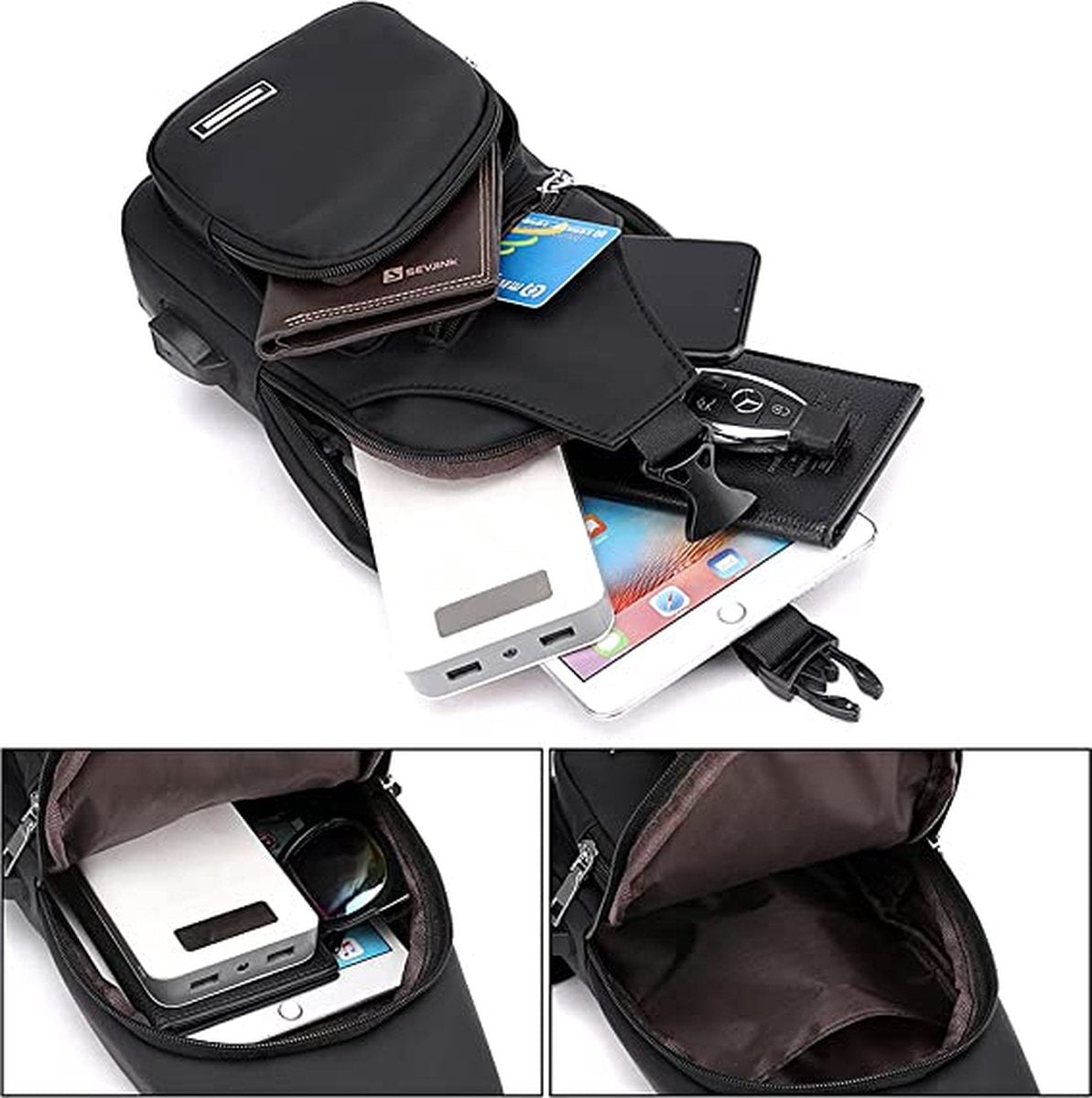 Fanny pack - Shoulder bag - With USB charging port - Men's - Chest bag - Anti-theft - Black - Image 3