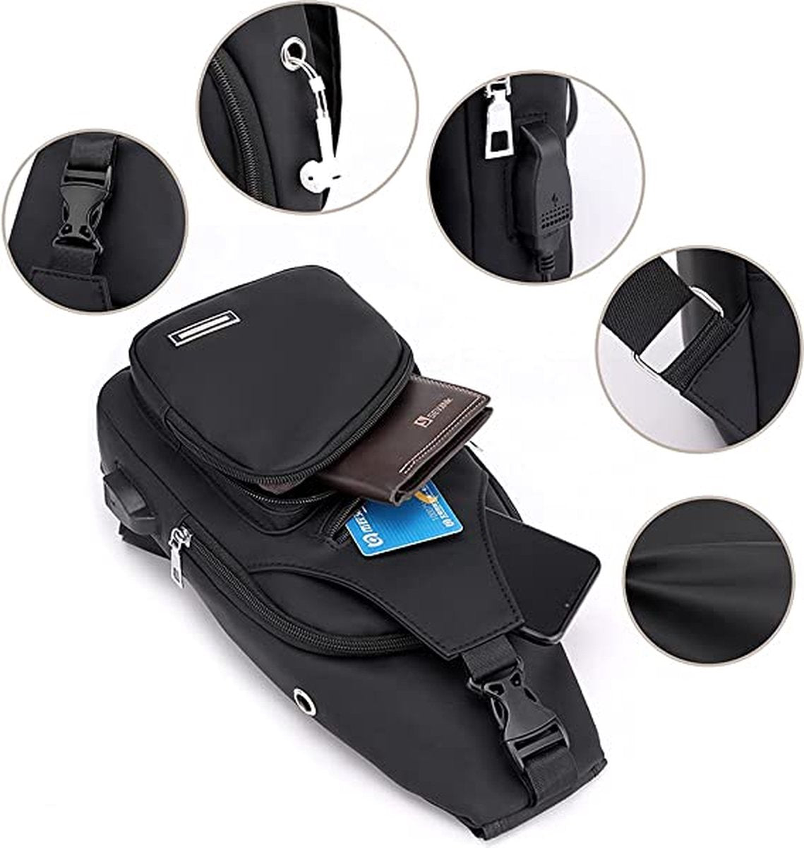 Fanny pack - Shoulder bag - With USB charging port - Men's - Chest bag - Anti-theft - Black - Image 5