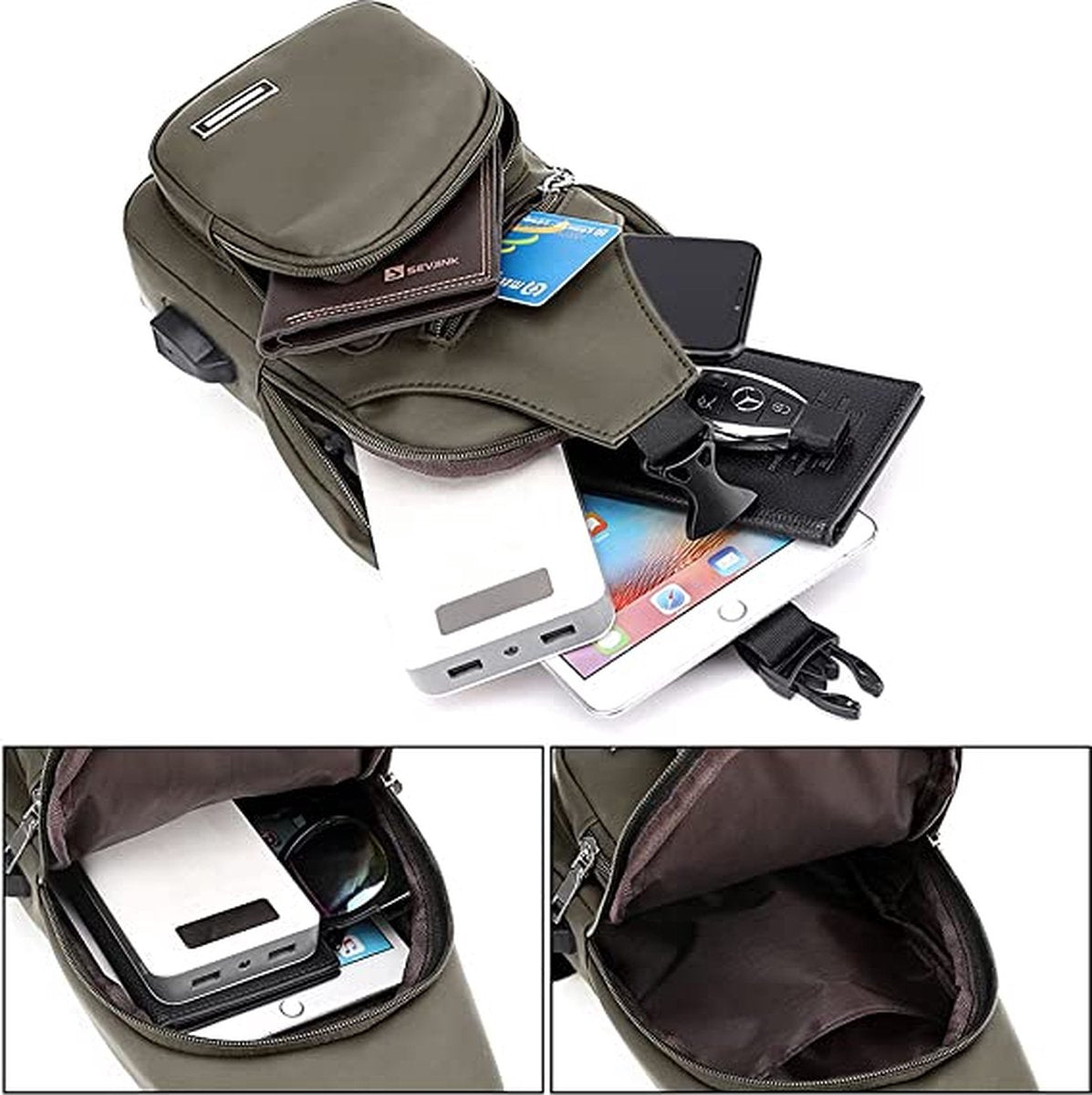 Fanny pack - Shoulder bag - With USB charging port - Men's - Chest bag - Anti-theft - Khaki - Image 3