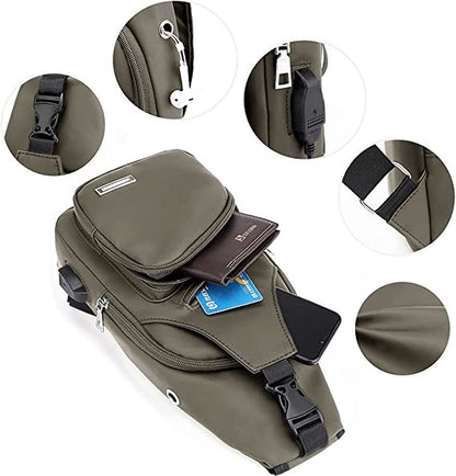 Fanny pack - Shoulder bag - With USB charging port - Men's - Chest bag - Anti-theft - Khaki - Image 5