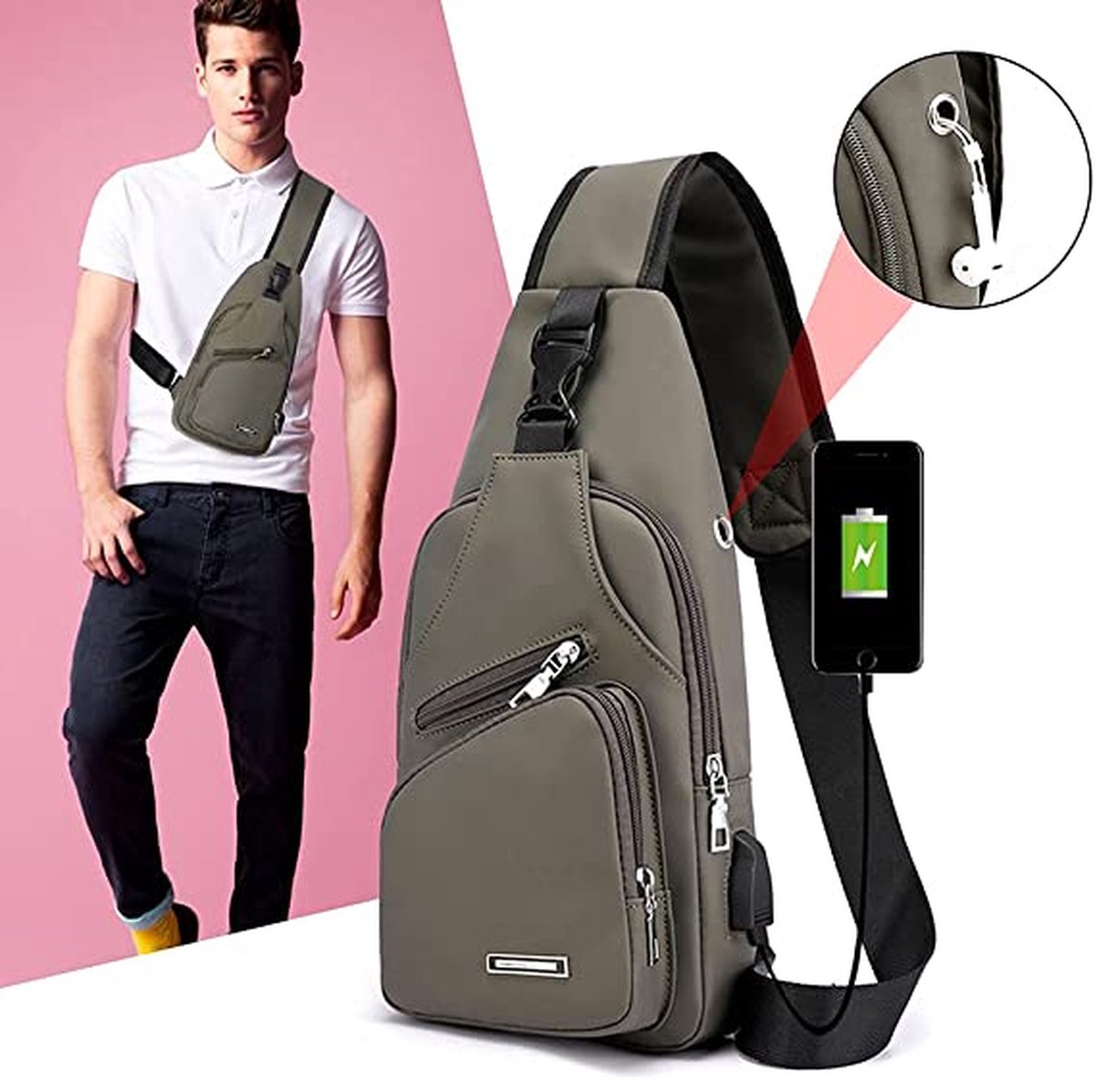 Fanny pack - Shoulder bag - With USB charging port - Men's - Chest bag - Anti-theft - Khaki - Image 6