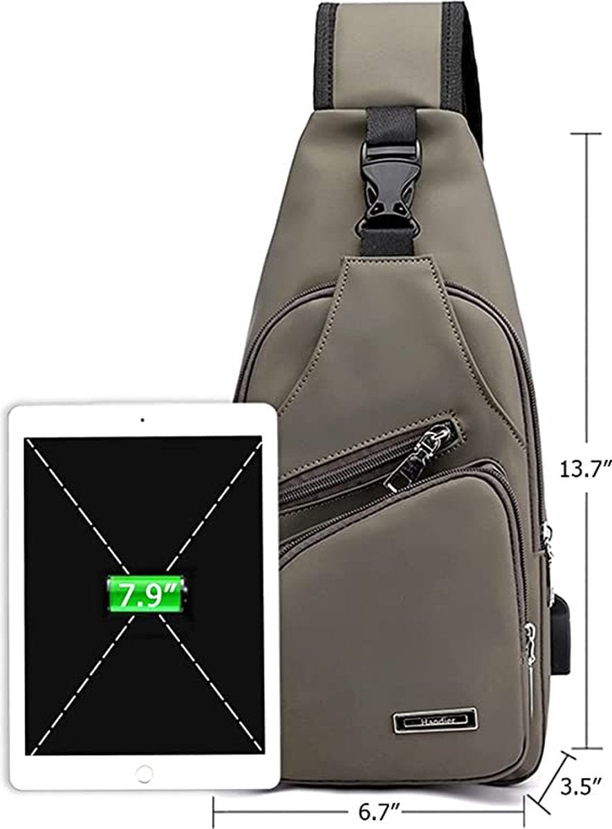 Fanny pack - Shoulder bag - With USB charging port - Men's - Chest bag - Anti-theft - Khaki - Image 7