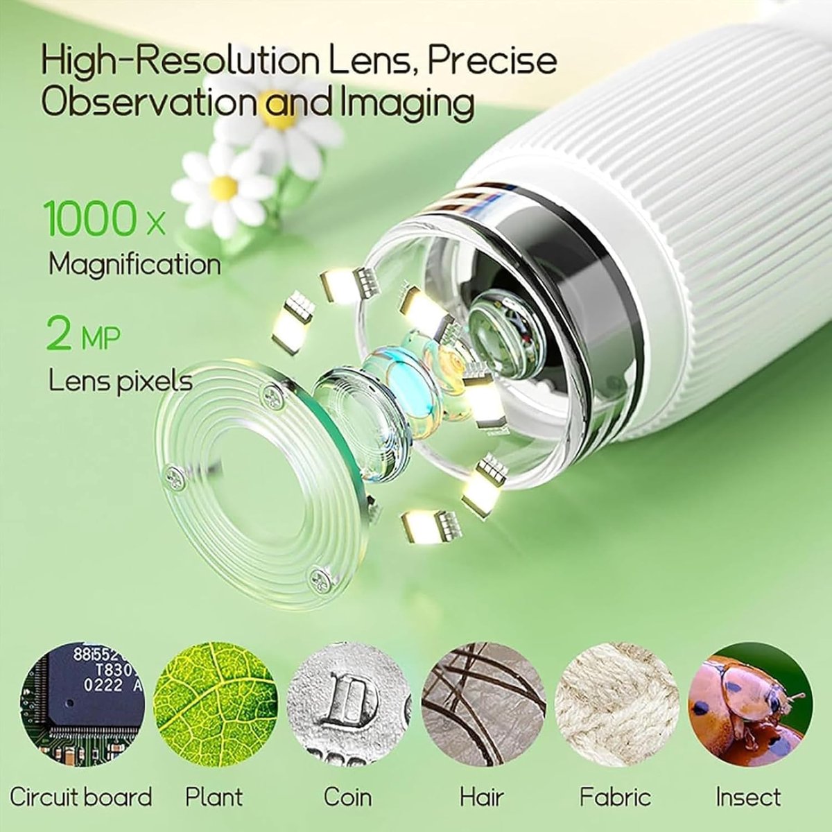Children's Microscope - Portable Children's Microscope - 0 Screen - Digital Microscope - 200x Magnification - USB Port for PC - Pocket Size - White - Image 5