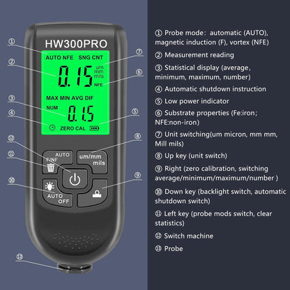 Coating thickness gauge - Paint thickness gauge - Digital coating thickness gauge - Car paint thickness gauge - Measuring range 0 to 2000 µm - Car paint gauge with portable cable - Black - Image 3