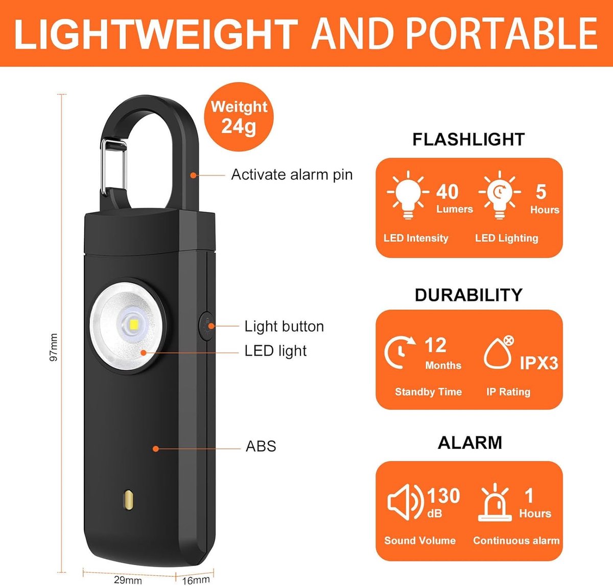 Personal Alarm - Powerful 130dB Sound and Flashing Light - Personal Security Alarm - Self-Defense Keychain - Personal Protection - Emergency Signal - Senior Alarm - Portable Security Alarm - Black - Image 5