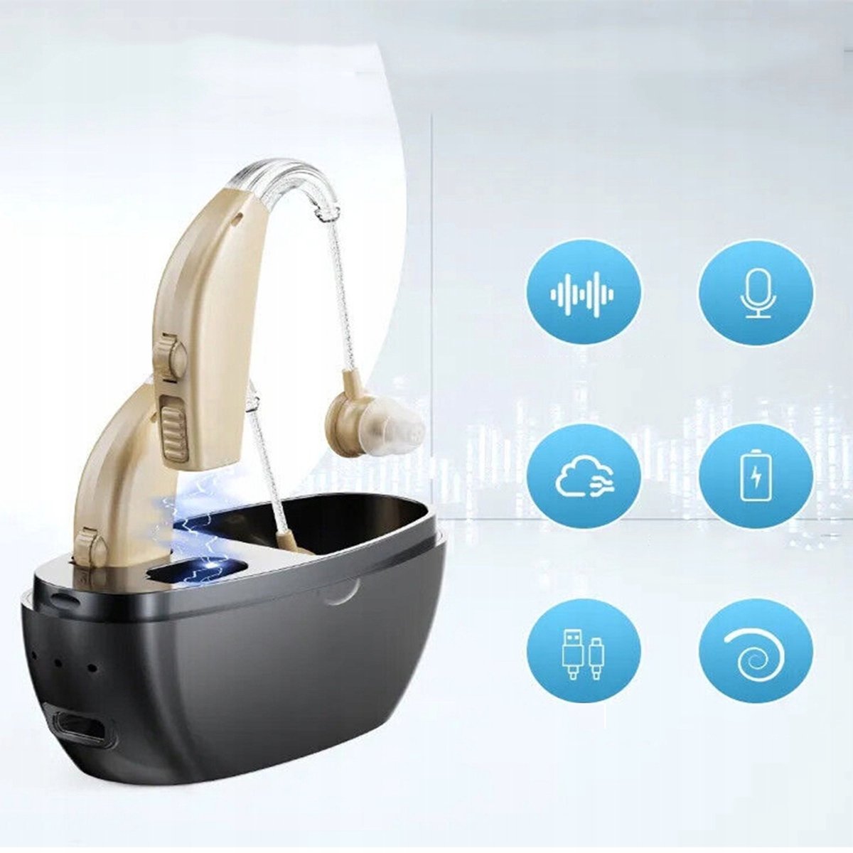 Digital hearing aid - Behind-the-ear sound collector - Rechargeable - Sound amplification - Intelligent noise cancellation - Dynamic speaker - In-ear detection - Image 4
