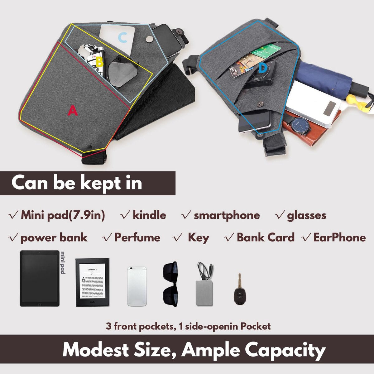 Shoulder bags - Anti-theft shoulder bags - Small shoulder bags - Multi-pocket shoulder bags - Multifunctional shoulder bags - Unisex - Suitable for travel, outdoor activities, sports, and work - Black - Image 2