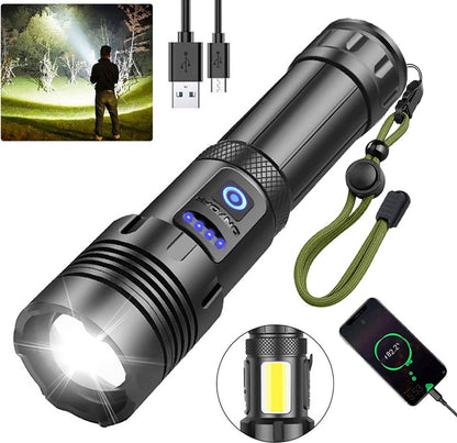 Flashlight - Rechargeable LED - Military Flashlight - 100,000 lumens - with 7 modes - COB side light - Waterproof - For emergencies, camping, home