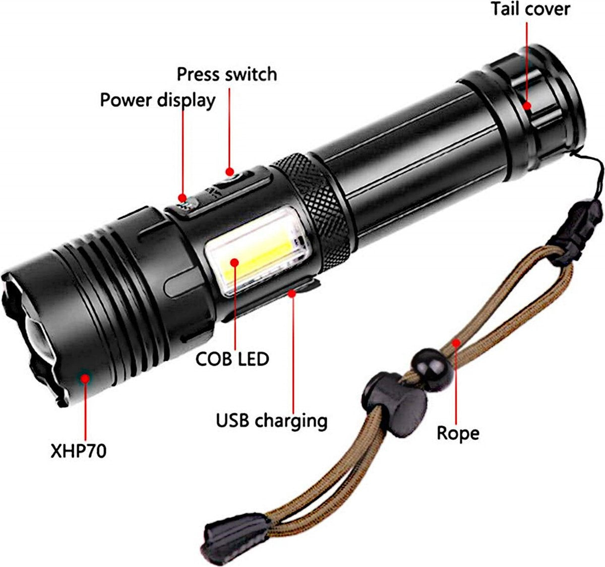 Flashlight - Rechargeable LED - Military Flashlight - 100,000 lumens - with 7 modes - COB side light - Waterproof - For emergencies, camping, home - Image 3