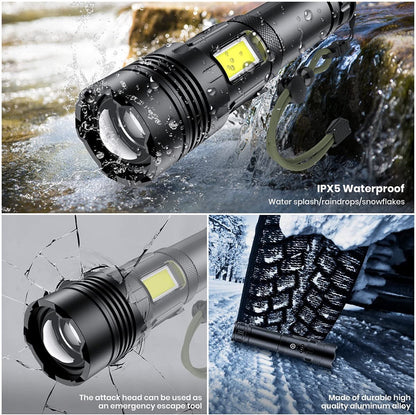 Flashlight - Rechargeable LED - Military Flashlight - 100,000 lumens - with 7 modes - COB side light - Waterproof - For emergencies, camping, home - Image 8