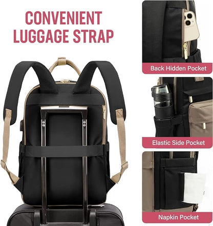 Backpack - Backpack - Ladies - Girls - Women - Laptop - Schoolbag - Work - School - Waterproof - USB - Beige - Brown - Black - Image 2
