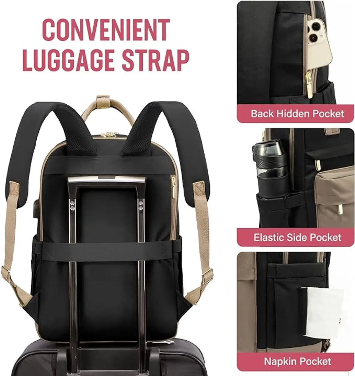 Backpack - Backpack - Ladies - Girls - Women - Laptop - Schoolbag - Work - School - Waterproof - USB - Beige - Brown - Black - Image 2