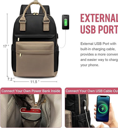 Backpack - Backpack - Ladies - Girls - Women - Laptop - Schoolbag - Work - School - Waterproof - USB - Beige - Brown - Black - Image 5