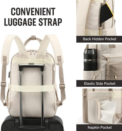 Backpack - Backpack - Ladies - Girls - Women - Laptop - Schoolbag - Work - School - Waterproof - USB - Beige - White - Image 2