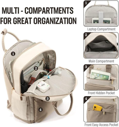 Backpack - Backpack - Ladies - Girls - Women - Laptop - Schoolbag - Work - School - Waterproof - USB - Beige - White - Image 5
