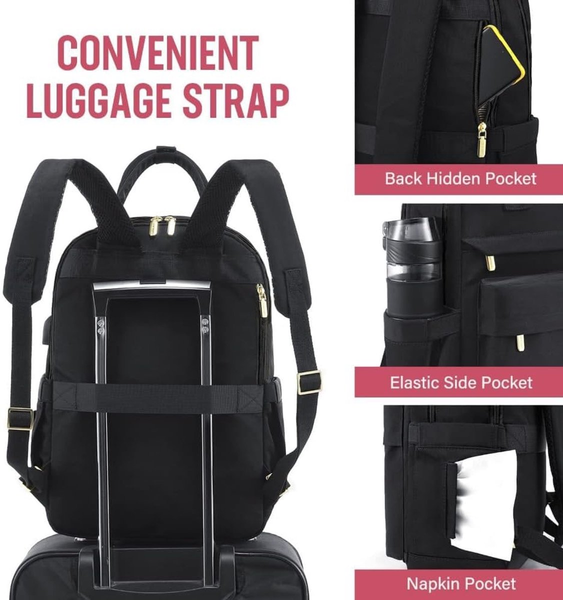 Backpack - Backpack - Ladies - Girls - Women - Laptop - Schoolbag - Work - School - Waterproof - USB - Black - Image 2