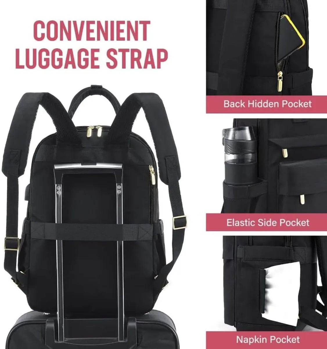 Backpack - Backpack - Ladies - Girls - Women - Laptop - Schoolbag - Work - School - Waterproof - USB - Black - Image 2