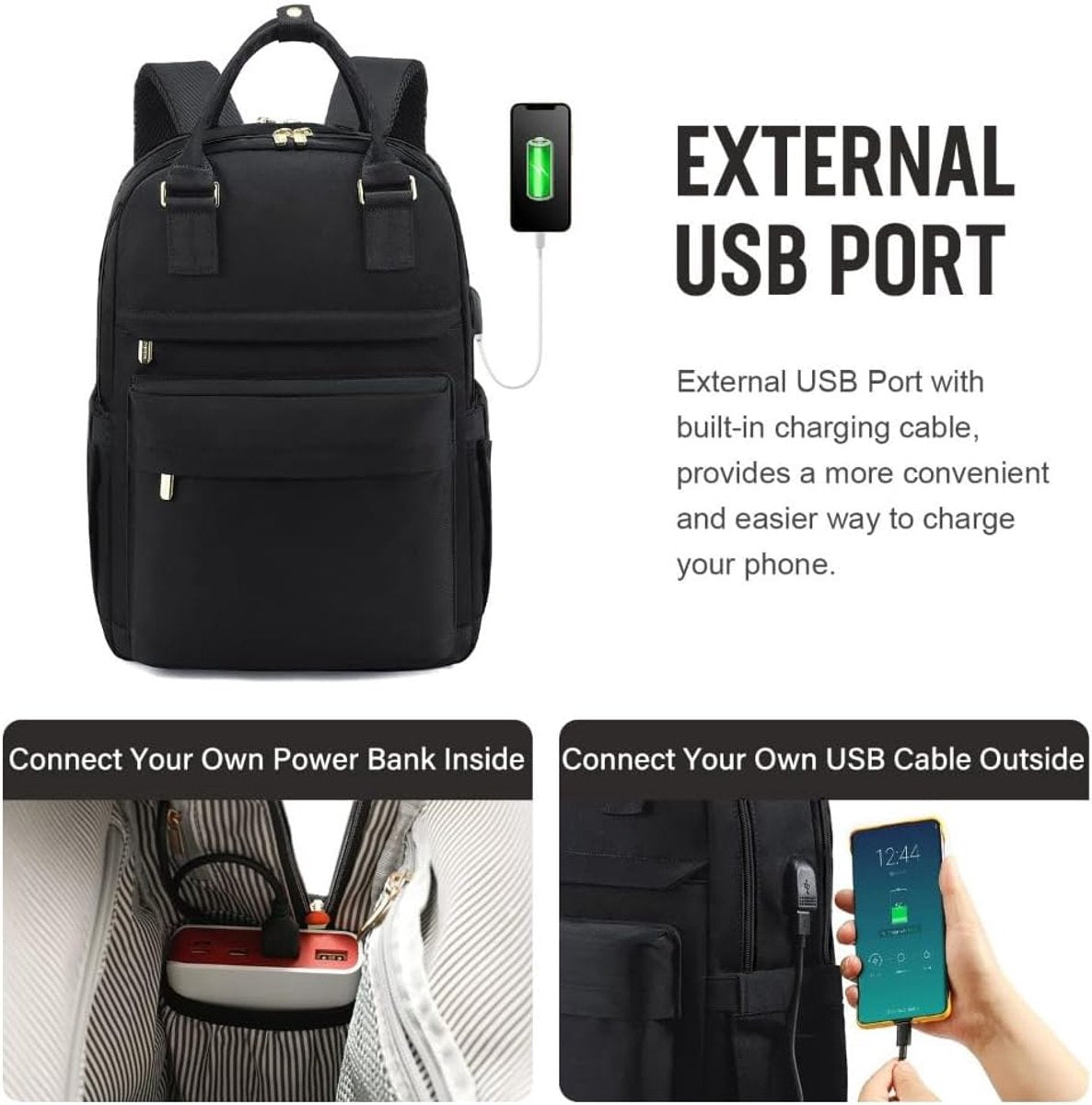 Backpack - Backpack - Ladies - Girls - Women - Laptop - Schoolbag - Work - School - Waterproof - USB - Black - Image 3
