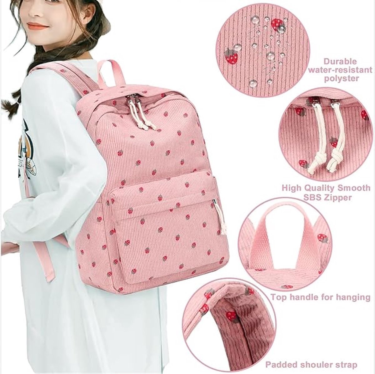 3 PCS Women's Backpack - Backpacks - Girl's Backpack - School Backpack for Teenage Girls - School Bag - Corduroy - Laptop Bag - Women's Travel Backpack - Pink - Image 2