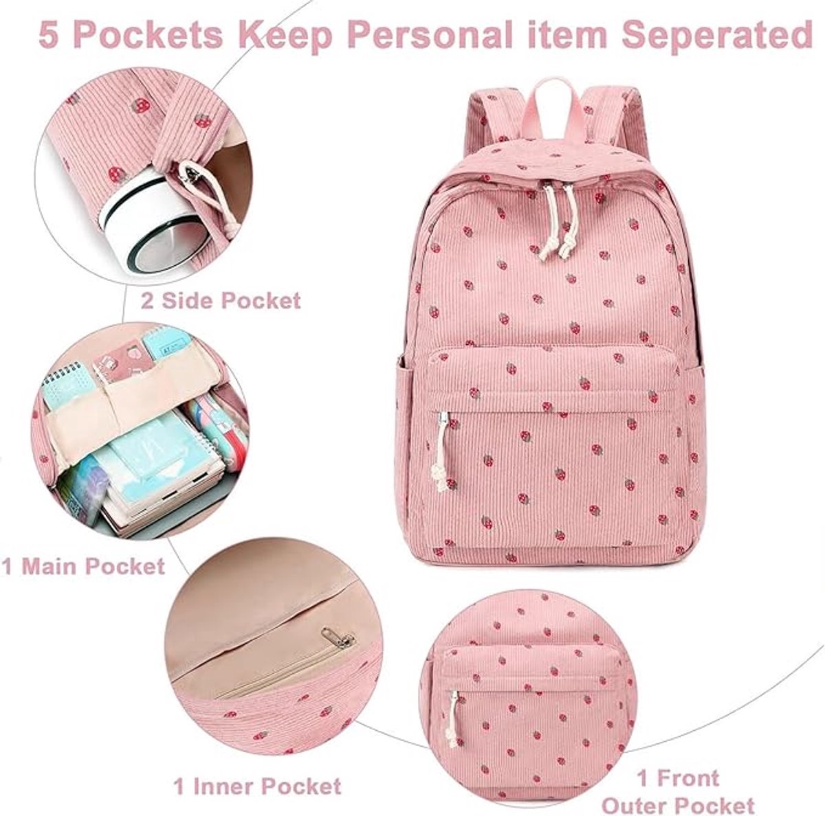 3 PCS Women's Backpack - Backpacks - Girl's Backpack - School Backpack for Teenage Girls - School Bag - Corduroy - Laptop Bag - Women's Travel Backpack - Pink - Image 4