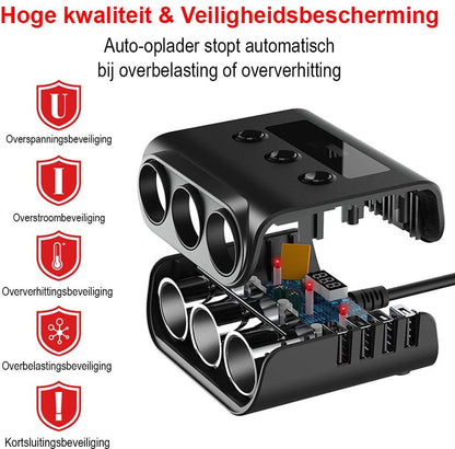 Car cigarette lighter splitter with 12V/24V voltmeter - 4x 5V/3.1A USB inputs - 3 cigarette lighter sockets - car charger - car accessories - SIG04USB - Black - Image 2