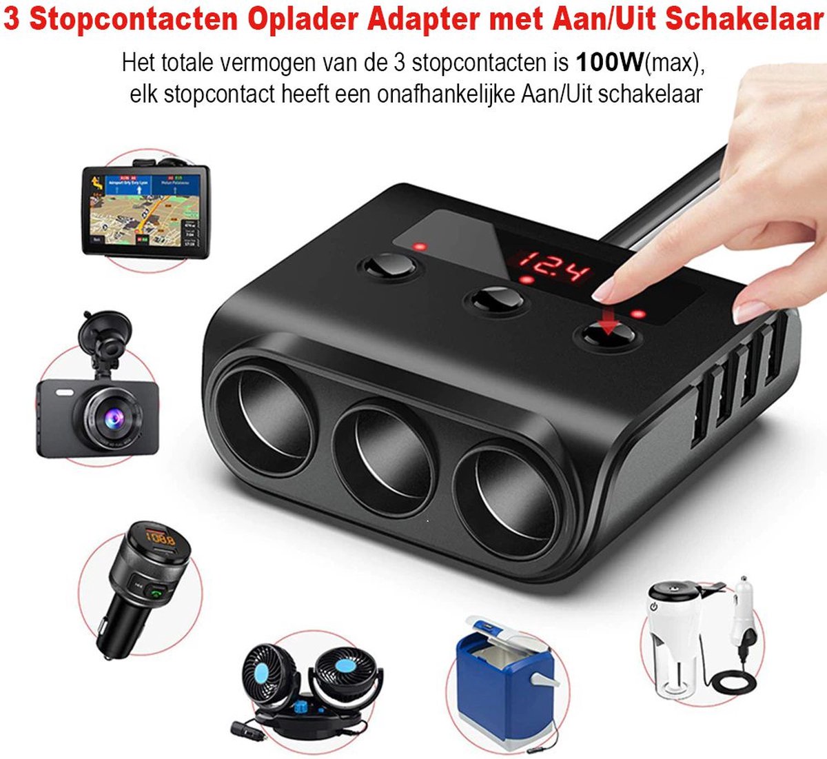 Car cigarette lighter splitter with 12V/24V voltmeter - 4x 5V/3.1A USB inputs - 3 cigarette lighter sockets - car charger - car accessories - SIG04USB - Black - Image 3