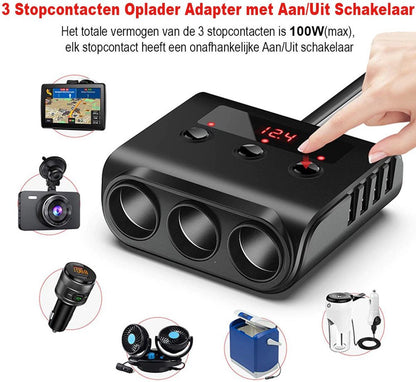 Car cigarette lighter splitter with 12V/24V voltmeter - 4x 5V/3.1A USB inputs - 3 cigarette lighter sockets - car charger - car accessories - SIG04USB - Black - Image 3