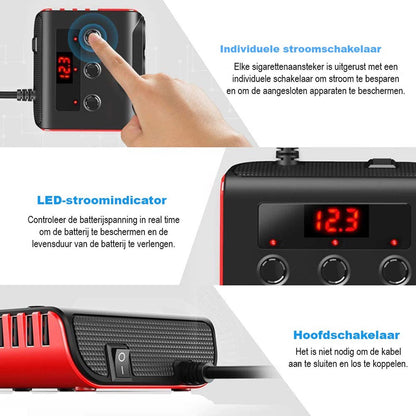 Car cigarette lighter splitter with 12V/24V voltmeter - 4x 5V/3.1A USB inputs - 3 cigarette lighter sockets - car charger - car accessories - SIG04USB - Black - Image 4