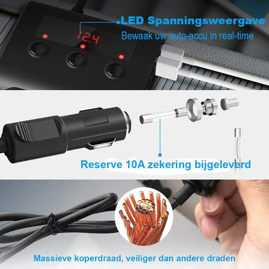 Car cigarette lighter splitter with 12V/24V voltmeter - 4x 5V/3.1A USB inputs - 3 cigarette lighter sockets - car charger - car accessories - SIG04USB - Black - Image 5