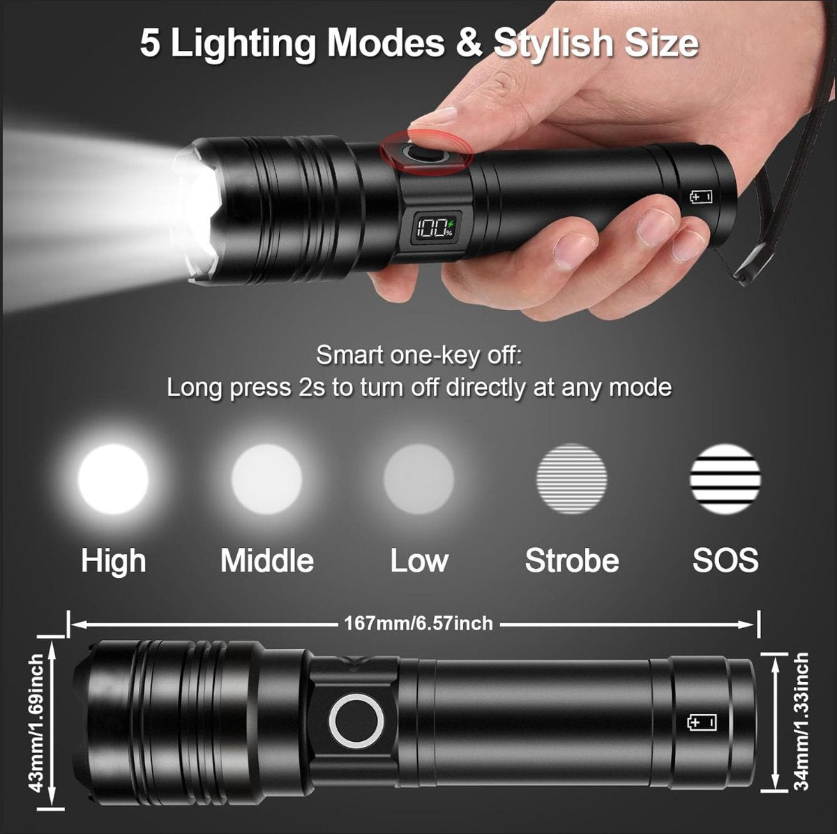 Rechargeable 50,000 lumen flashlight, long range, ultra-bright USB-C LED, long battery life, 5 modes, powerful zoomable flashlights, for emergencies, hiking and camping. - Image 2